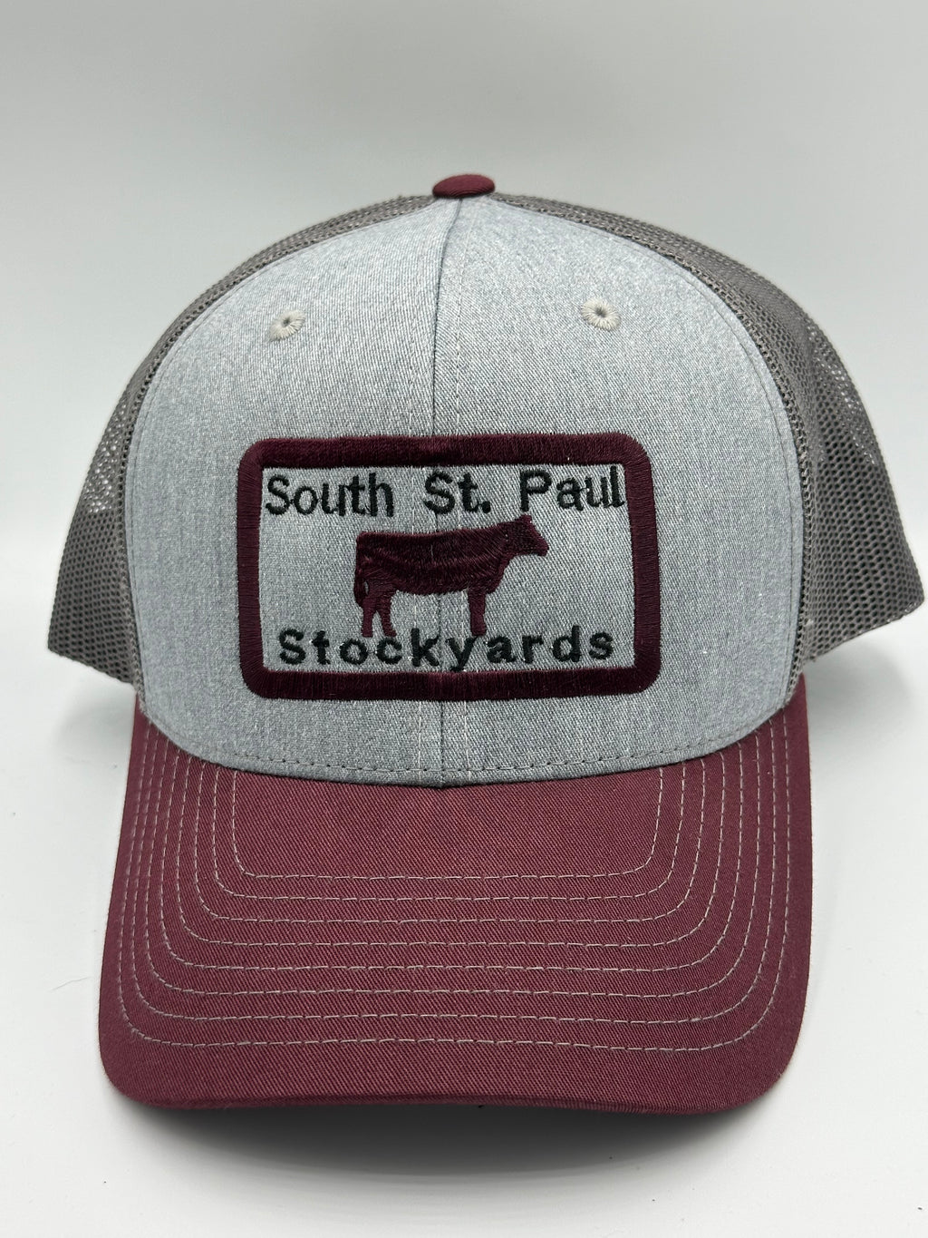 Minneapolis St. Paul Stockyards Truckers Cap Grey and Maroon